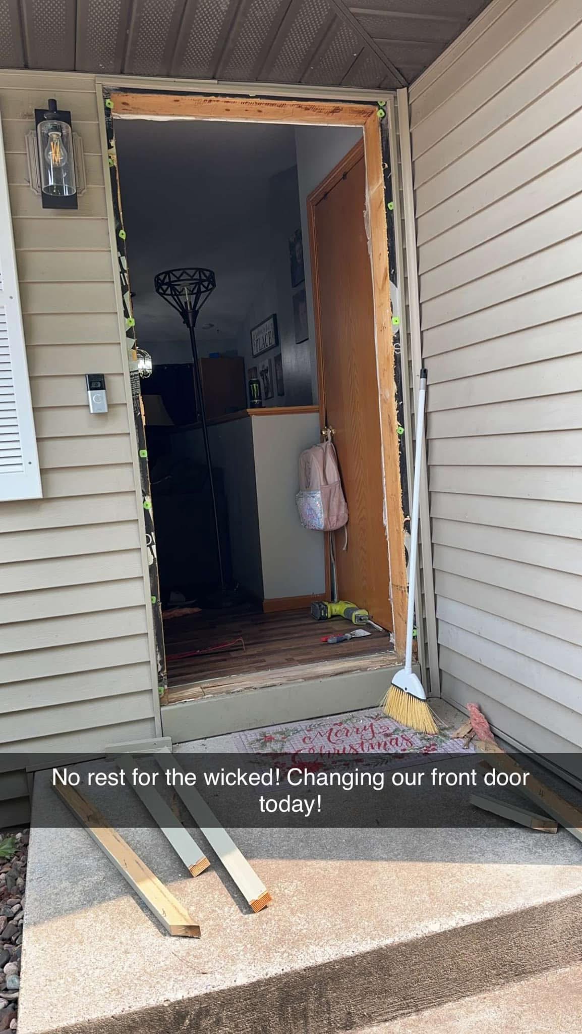Front entry opening prepared during a Rustic Memories door replacement