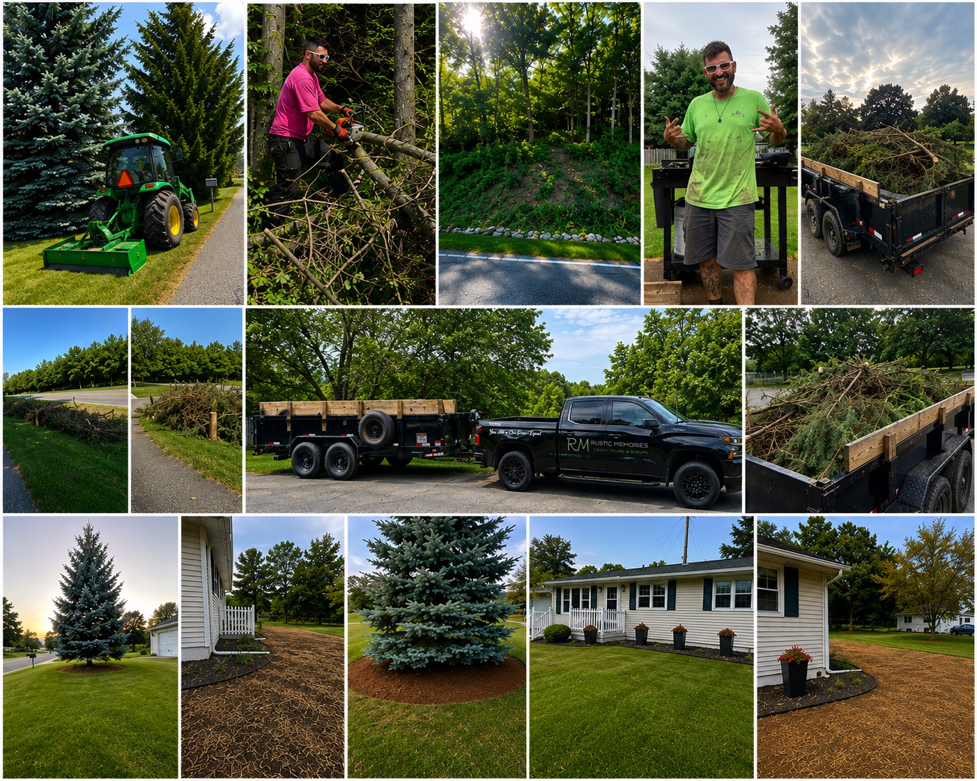 Collage showing Rustic Memories tree cutting, tractor work, hauling and finished yard care